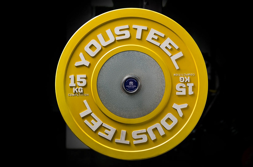 Диск 15кг каучуковый соревновательный YouSteel желтый 981_650